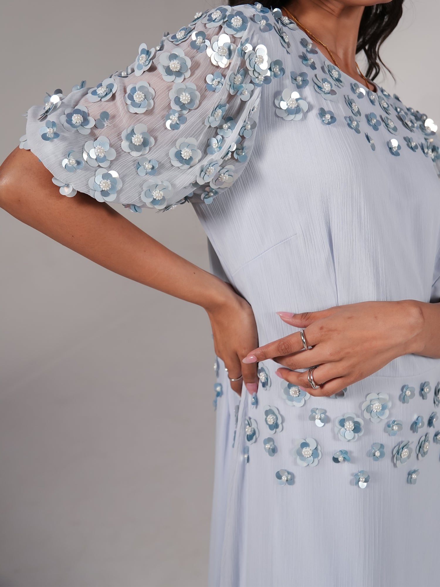 Morena Soft Blue Hand Embellished Midi Dress