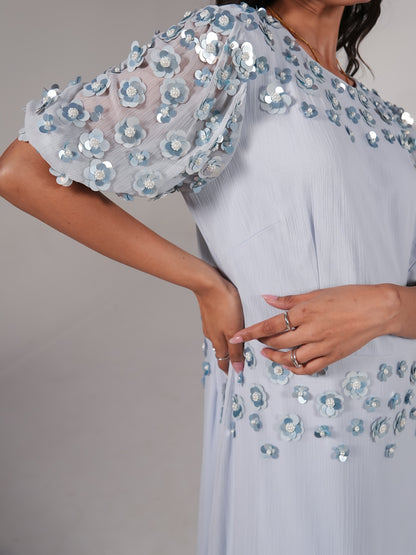 Morena Soft Blue Hand Embellished Midi Dress