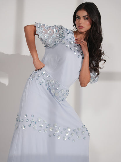 Morena Soft Blue Hand Embellished Midi Dress