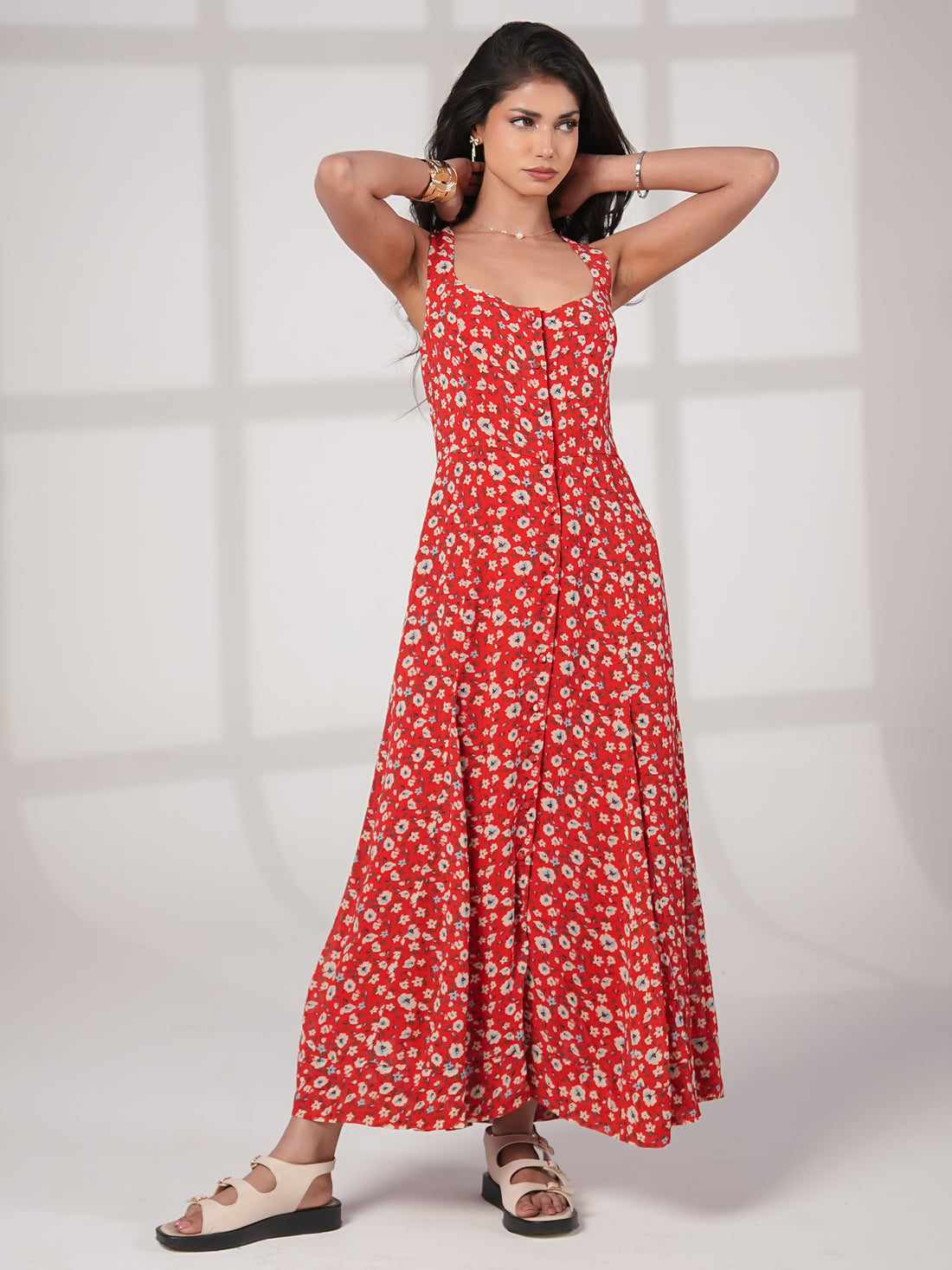 Philippa Red Floral Print Midi Dress