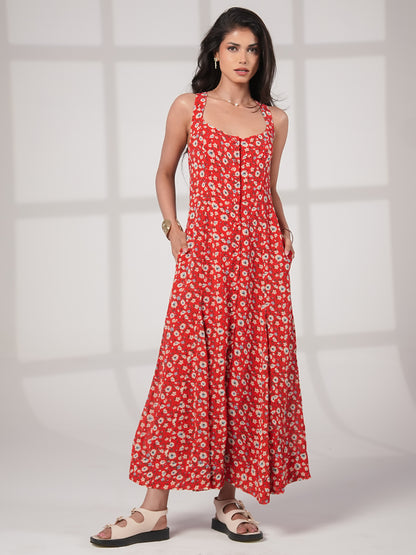 Philippa Red Floral Print Midi Dress