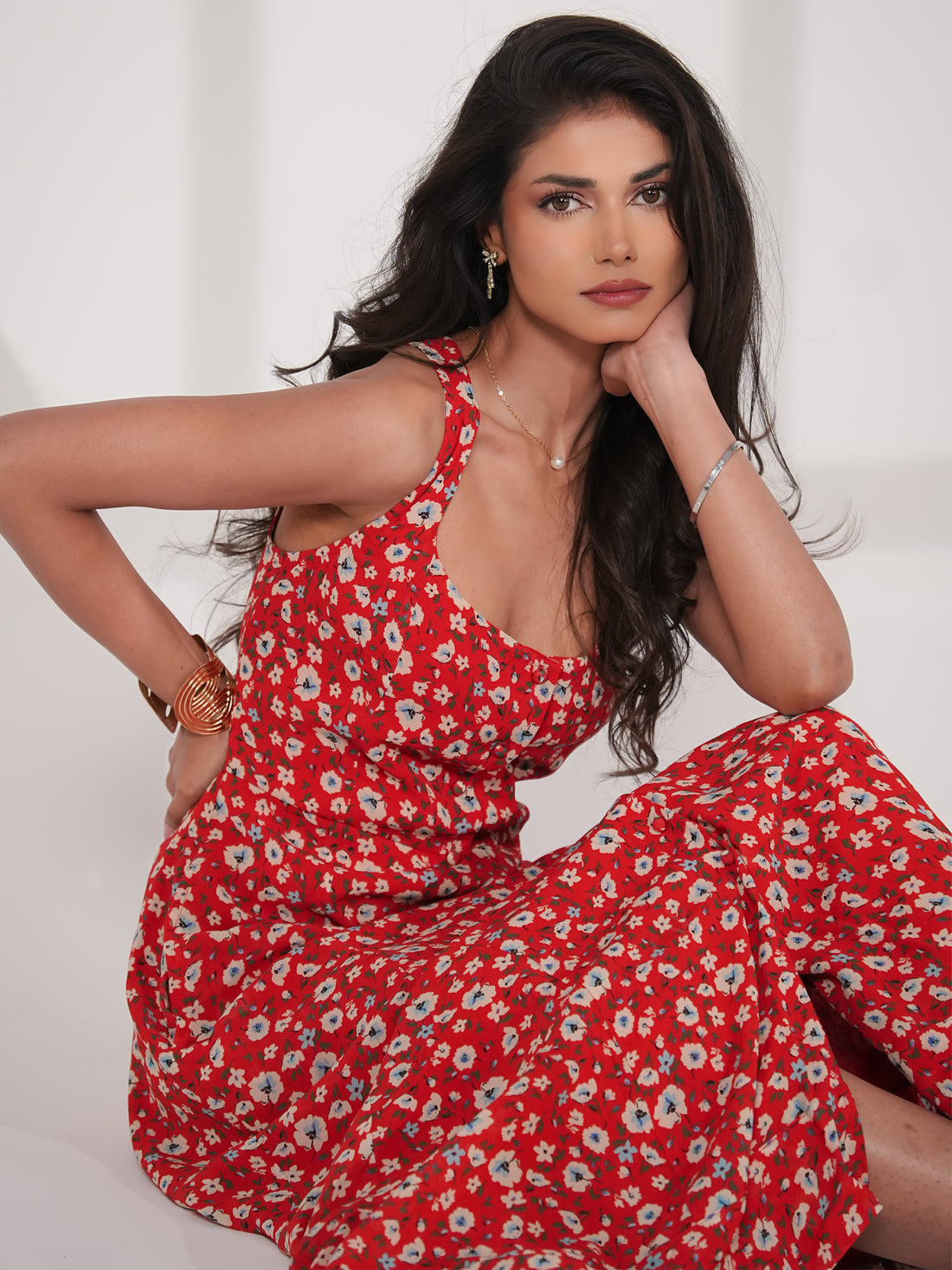 Philippa Red Floral Print Midi Dress