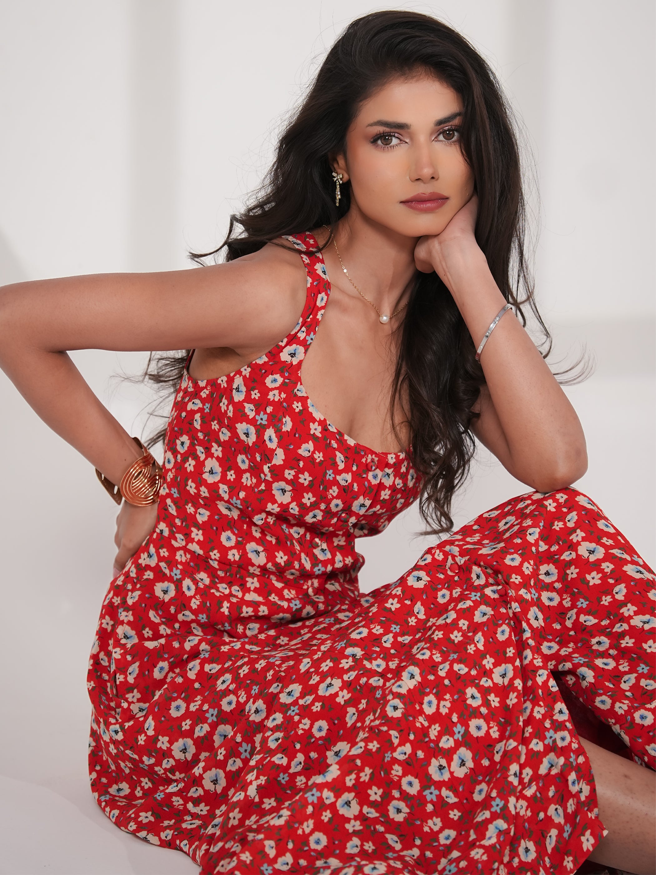 Philippa Red Floral Print Midi Dress