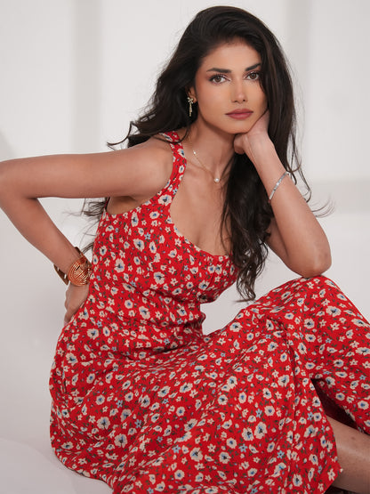 Philippa Red Floral Print Midi Dress