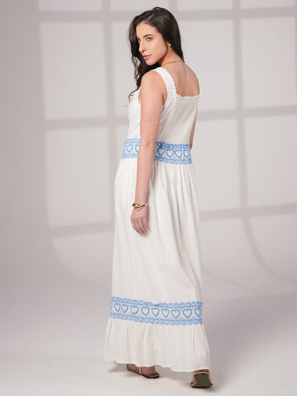 Harri White and Blue Cotton Heart Embroidery Maxi Dress