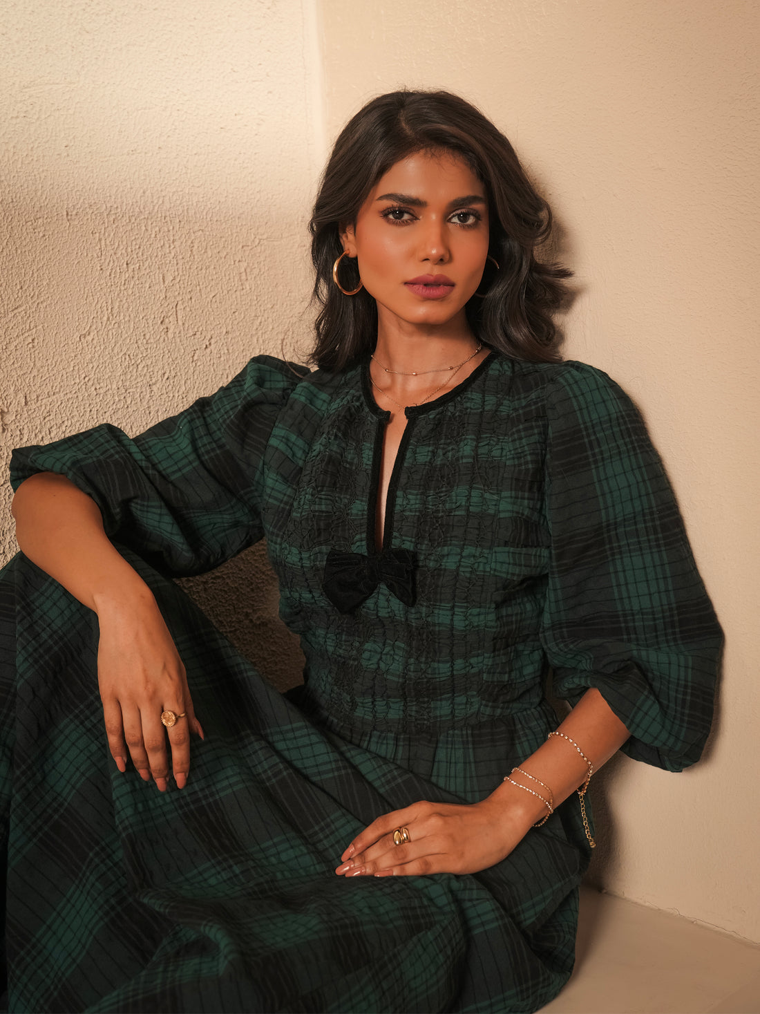 Iris Teal and Black Check Midi Dress