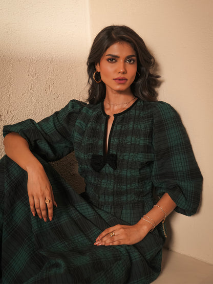 Iris Teal and Black Check Midi Dress