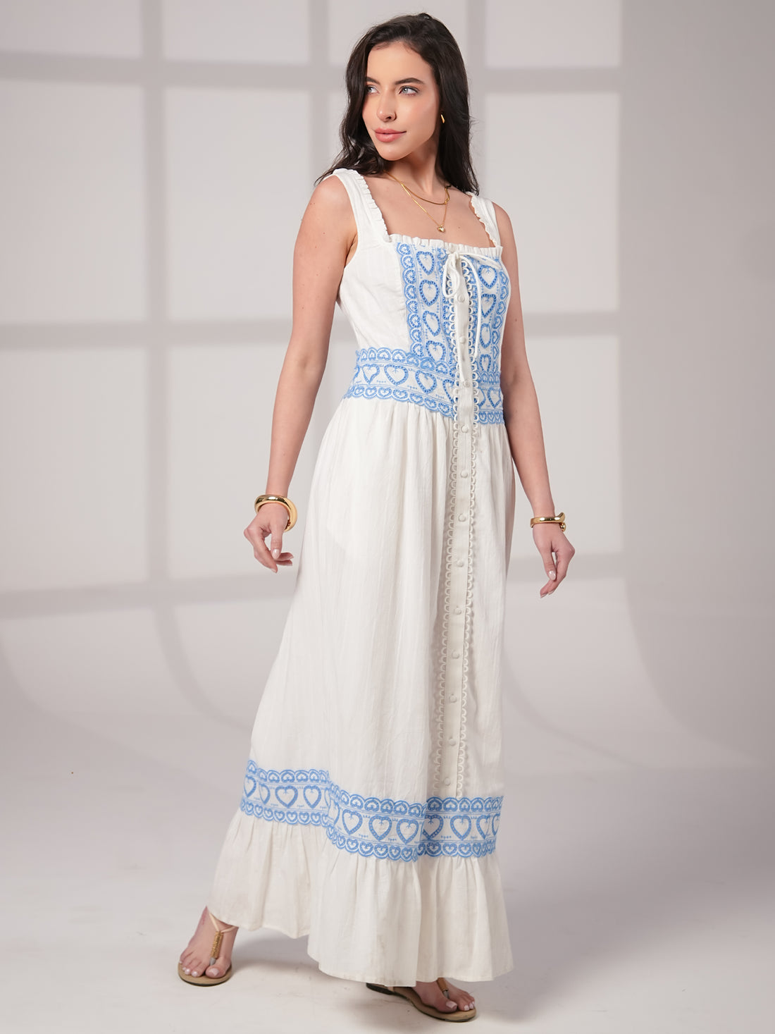 Harri White and Blue Cotton Heart Embroidery Maxi Dress