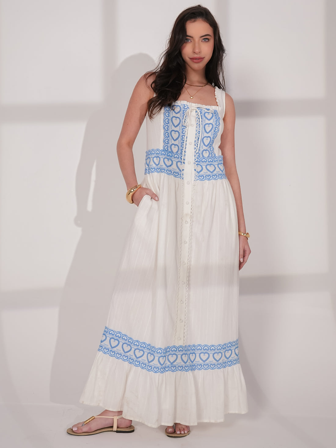Harri White and Blue Cotton Heart Embroidery Maxi Dress