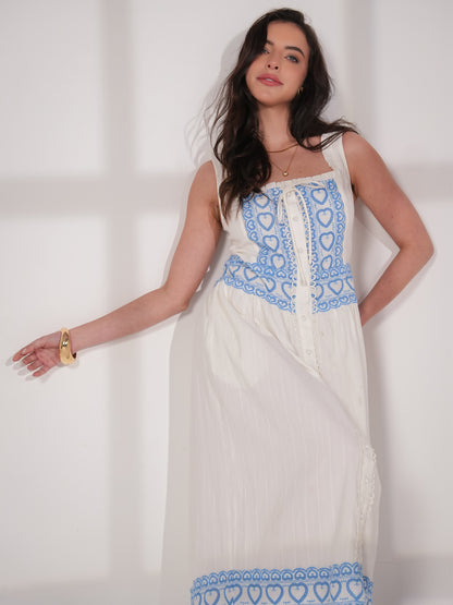 Harri White and Blue Cotton Heart Embroidery Maxi Dress