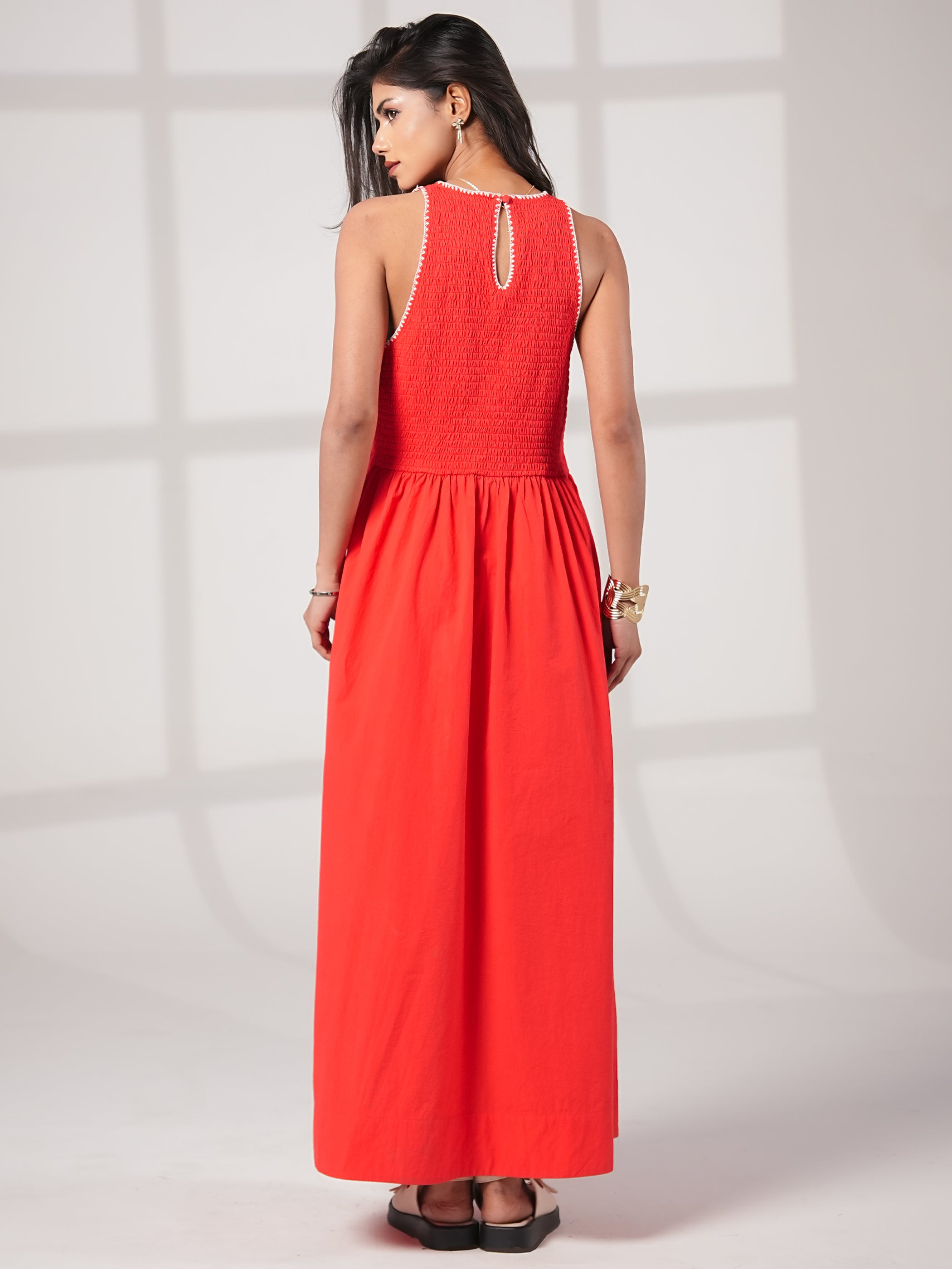 Issy Red Smocked Cotton Maxi Dress