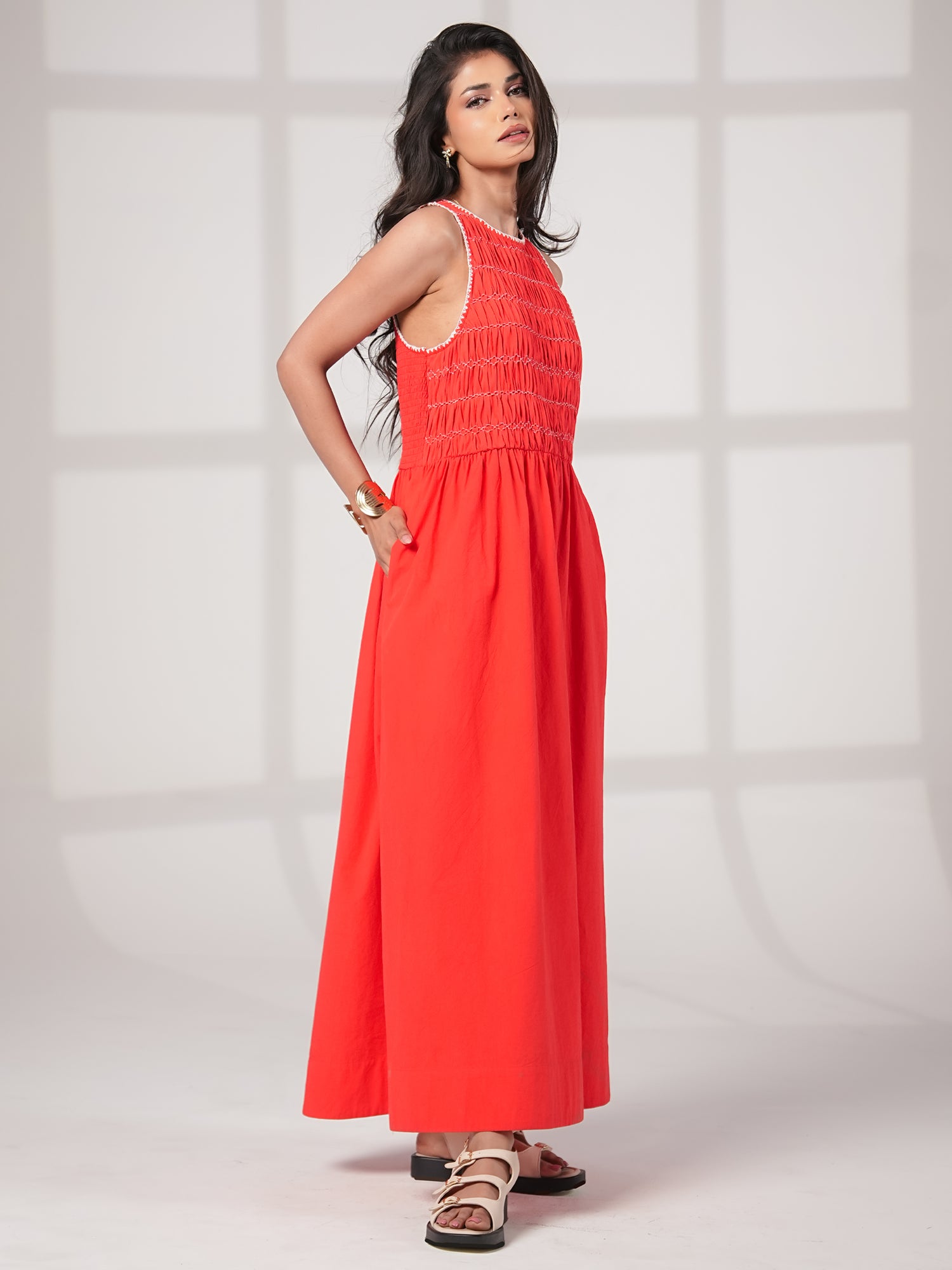 Issy Red Smocked Cotton Maxi Dress