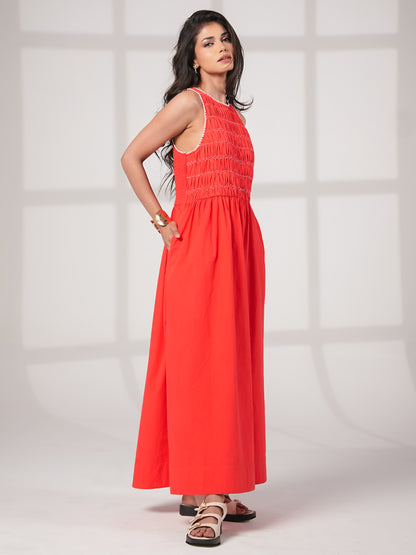 Issy Red Smocked Cotton Maxi Dress