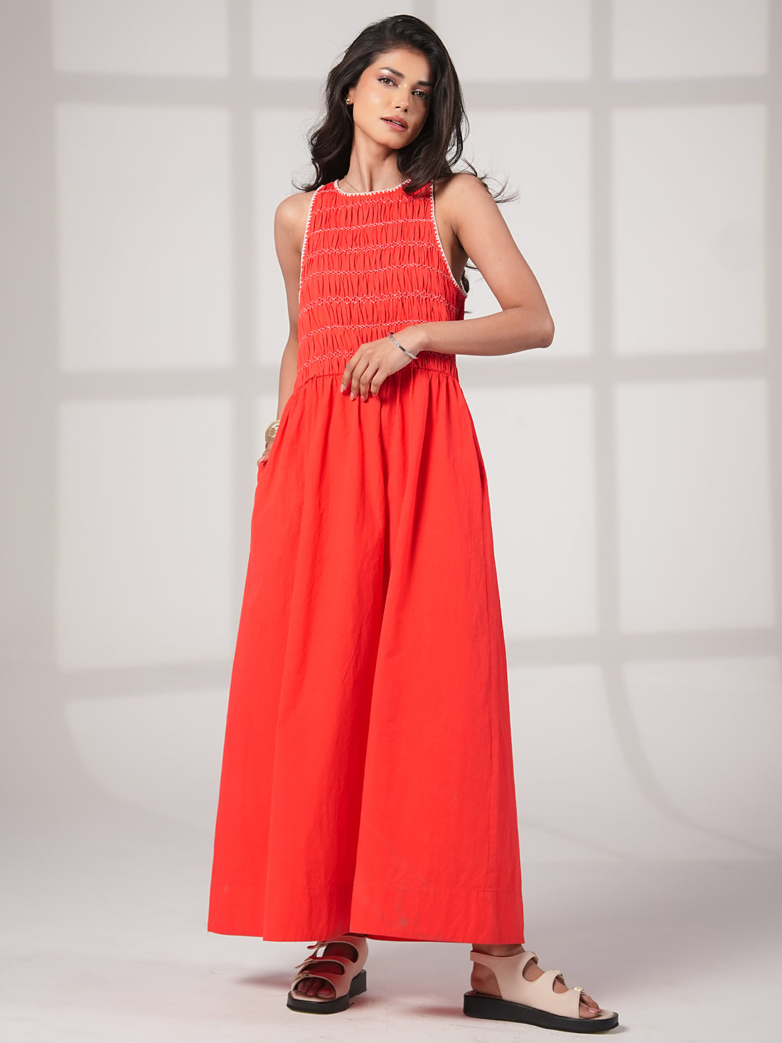 Issy Red Smocked Cotton Maxi Dress