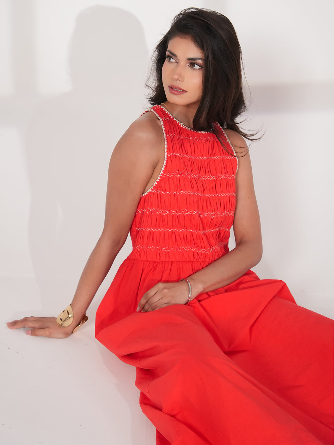 Issy Red Smocked Cotton Maxi Dress