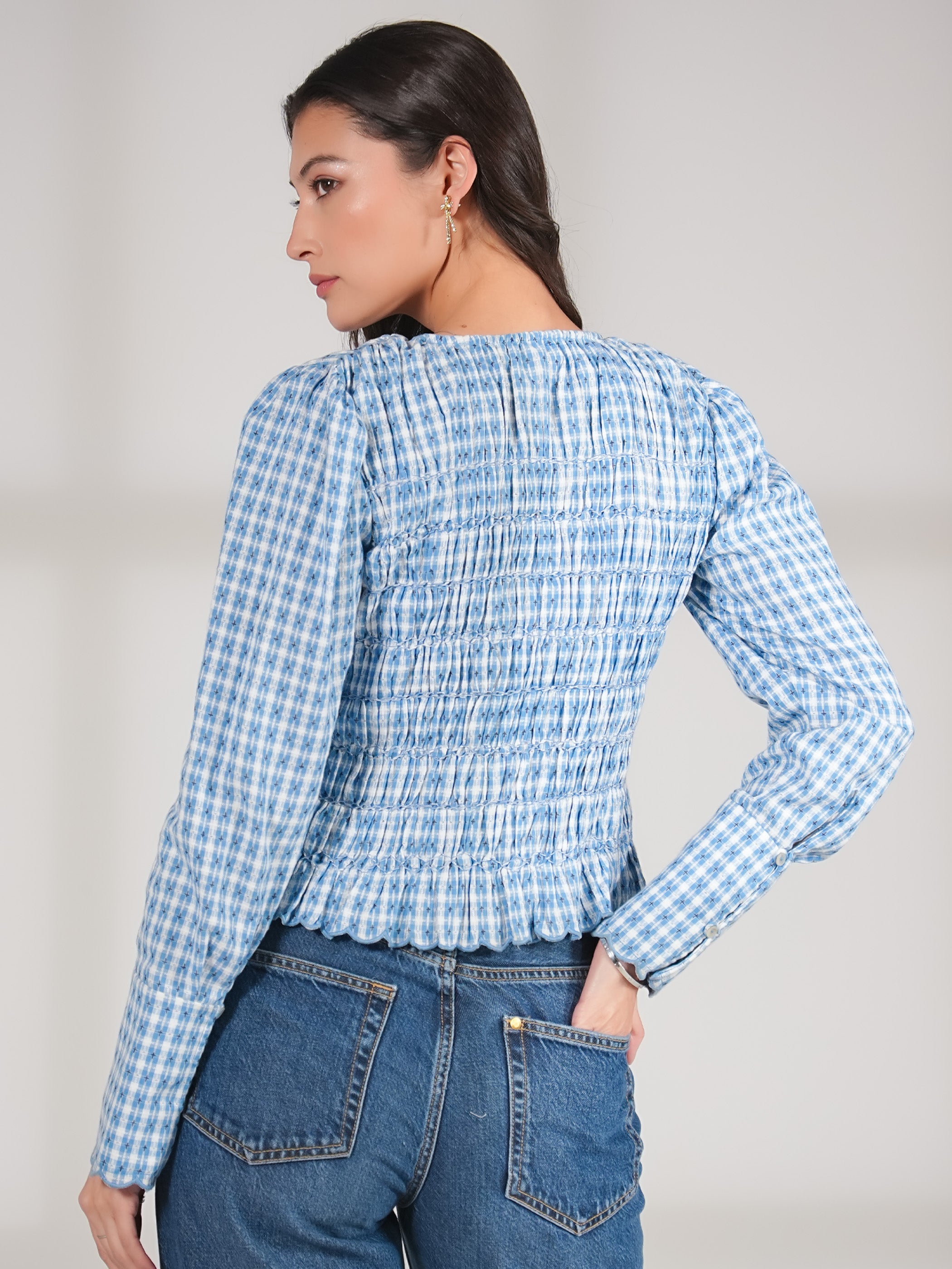 Mary Blue Gingham Check Smocked Blouse