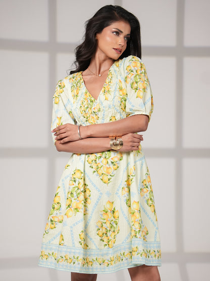 Kirsten Lemon Prnt Smock Detail Cotton Mini Dress