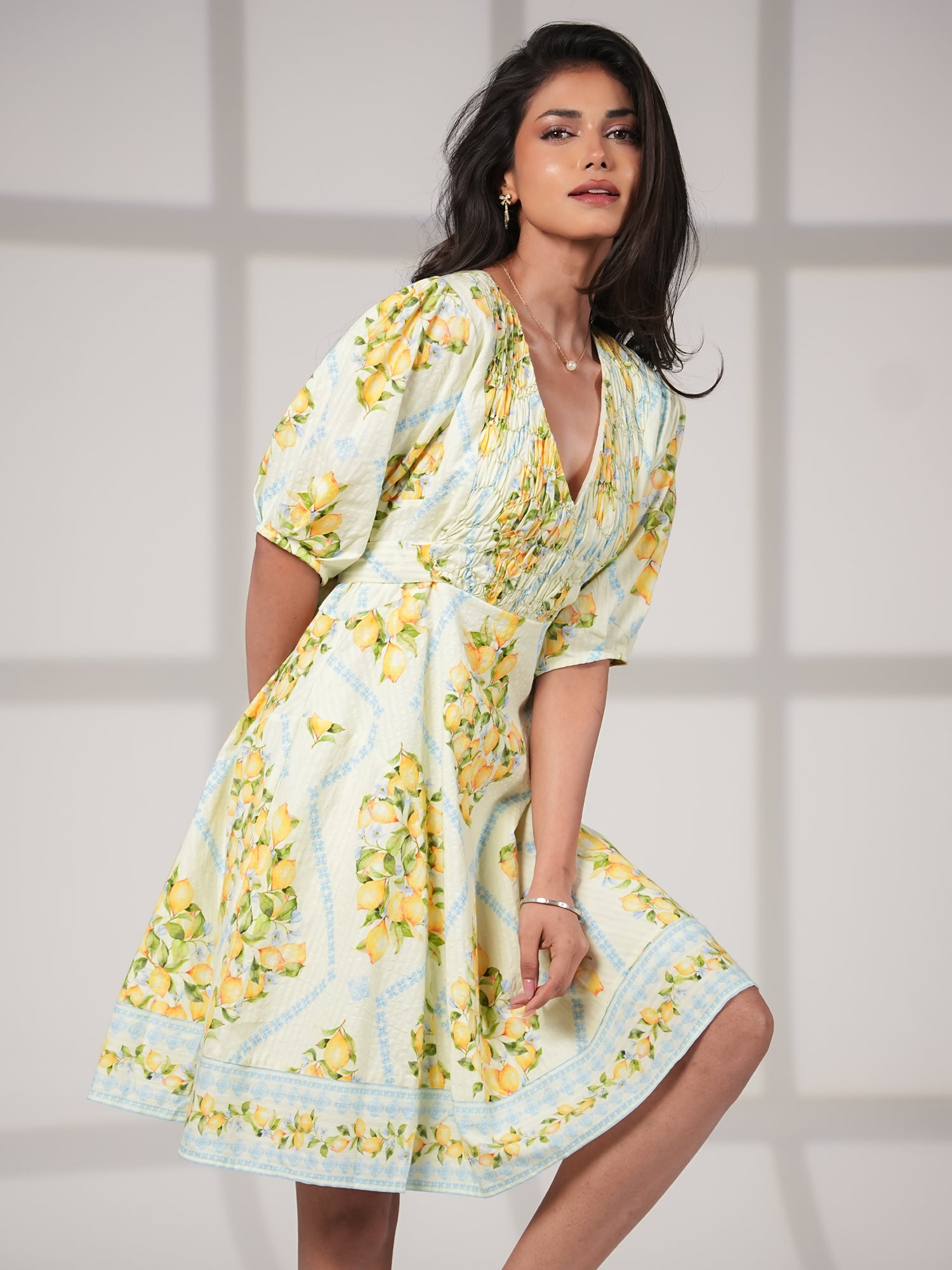 Kirsten Lemon Print Smock Detail Cotton Mini Dress L