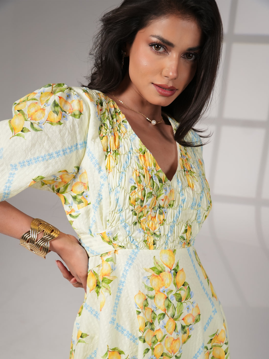 Kirsten Lemon Prnt Smock Detail Cotton Mini Dress