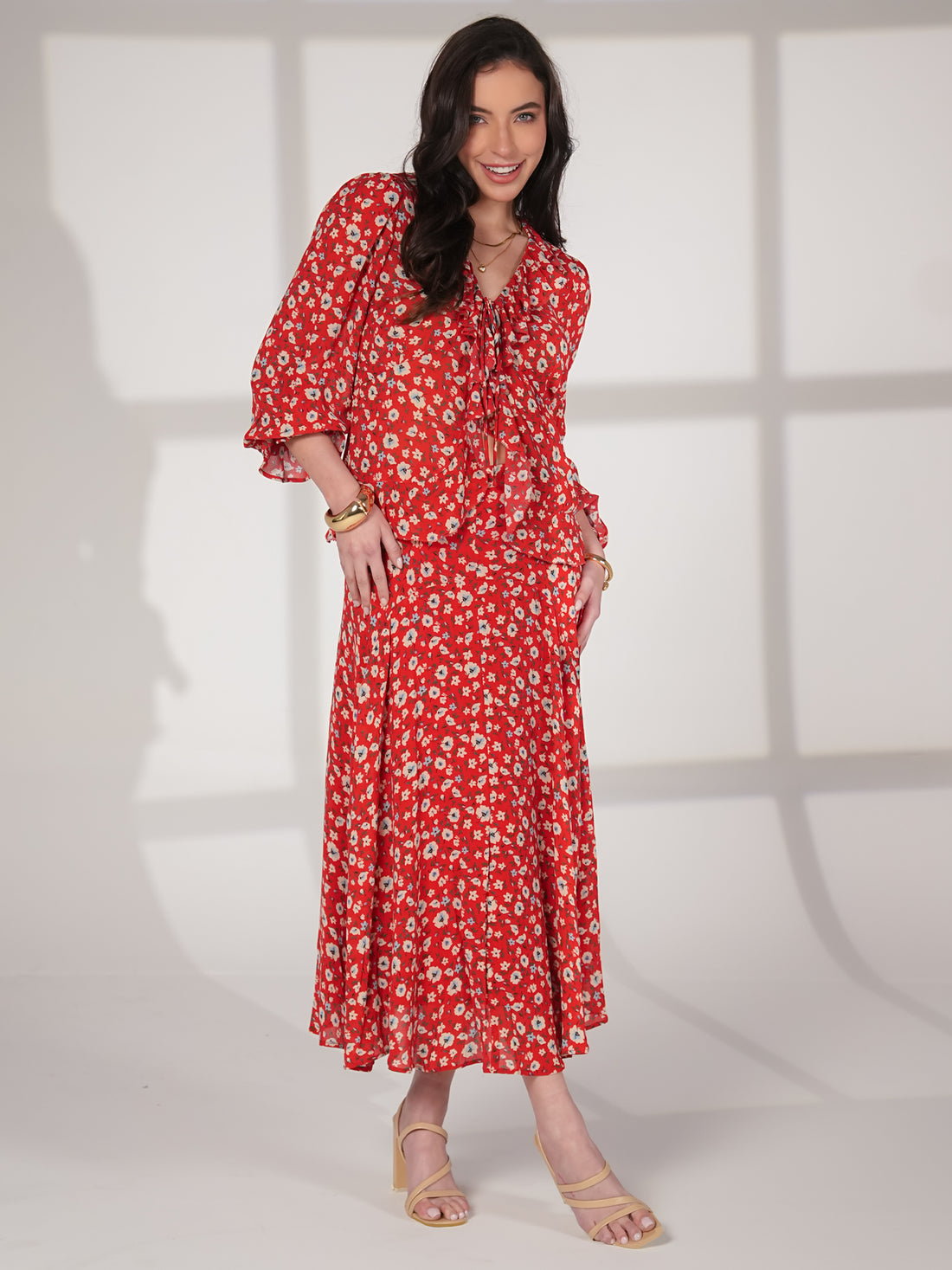 Philippa Red Floral Print Midi Skirt