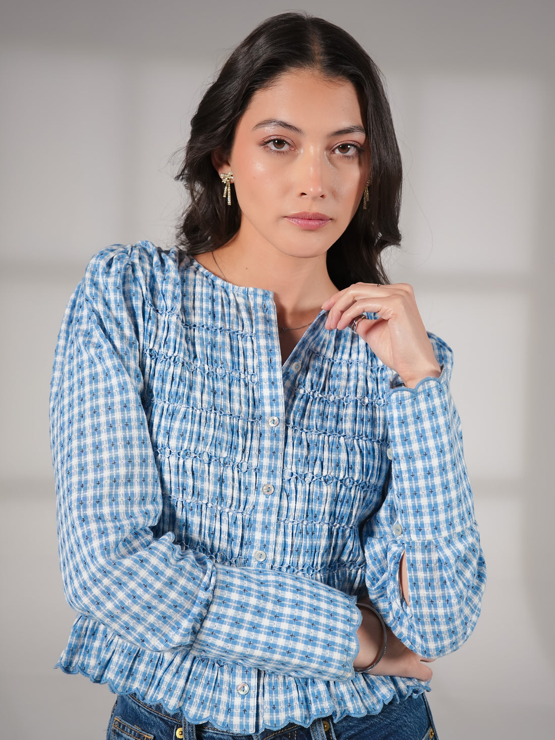 Mary Blue Gingham Check Smocked Blouse