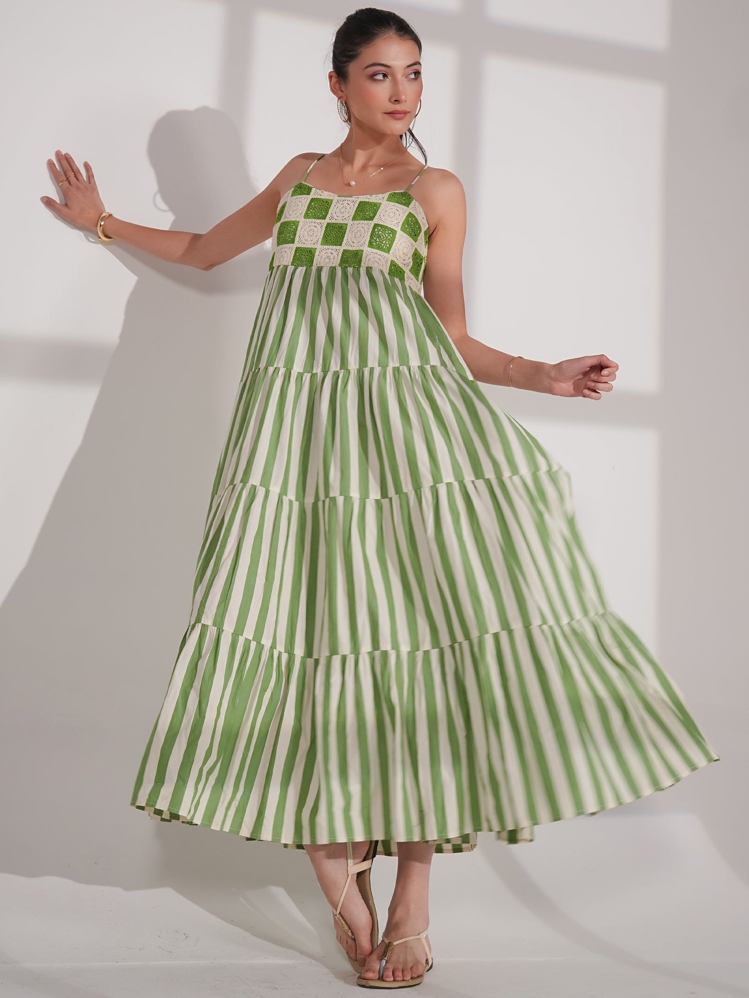 Helena Green Cotton Crochet Stripe Maxi Sun Dress