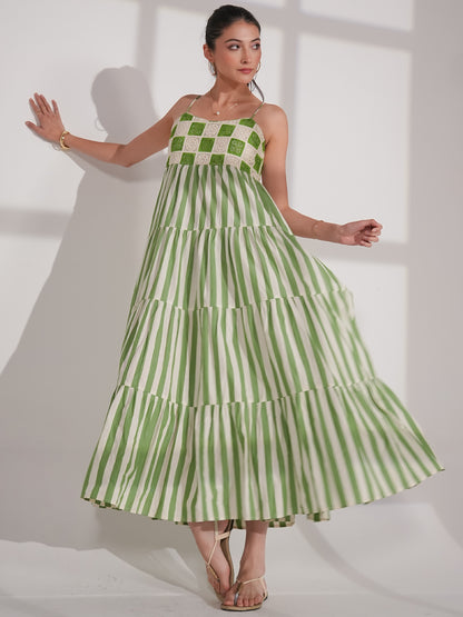 Helena Green Cotton Crochet Stripe Maxi Sun Dress