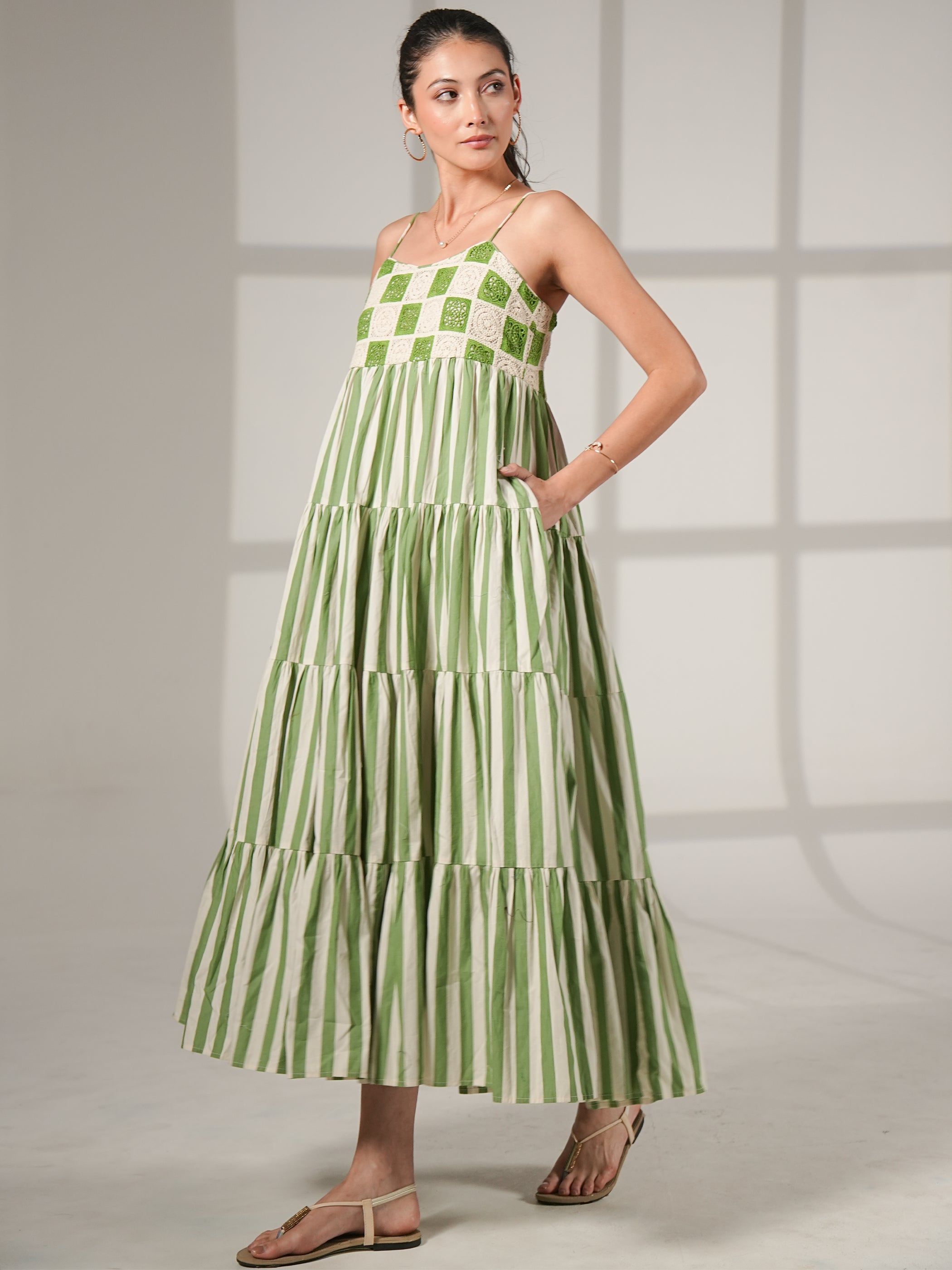 Helena Green Cotton Crochet Stripe Maxi Sun Dress