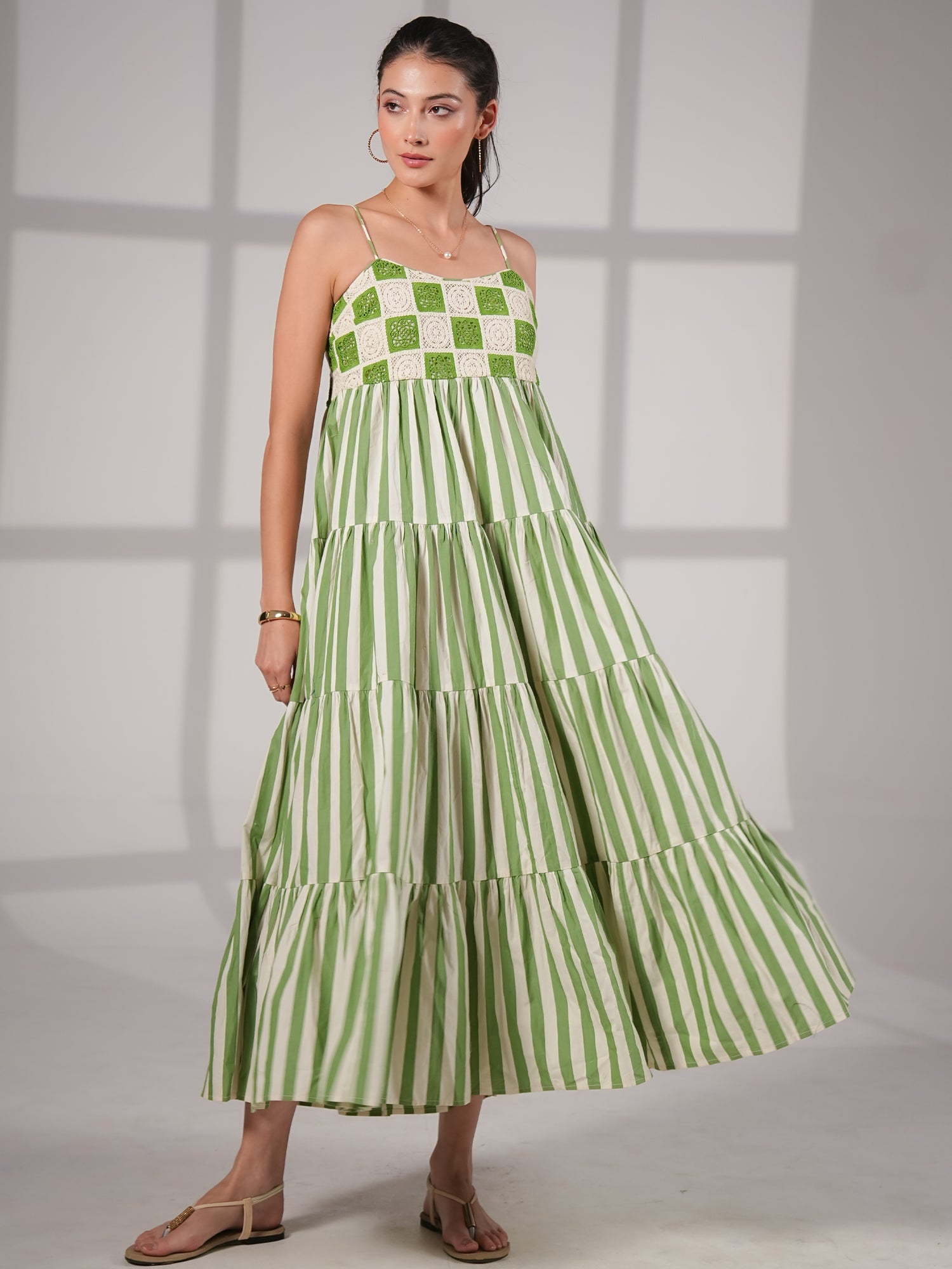 Helena Green Cotton Crochet Stripe Maxi Sun Dress