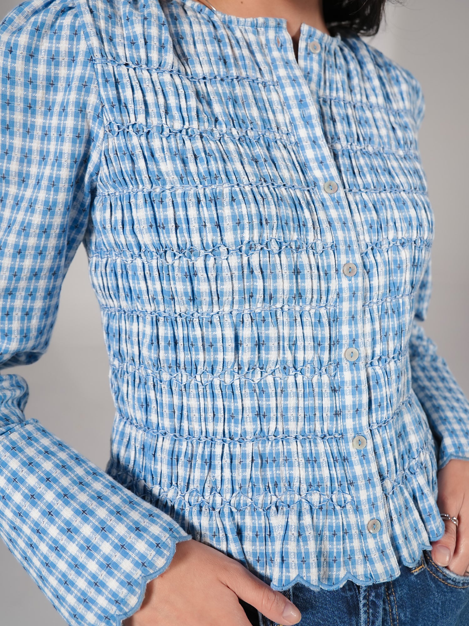 Mary Blue Gingham Check Smocked Blouse