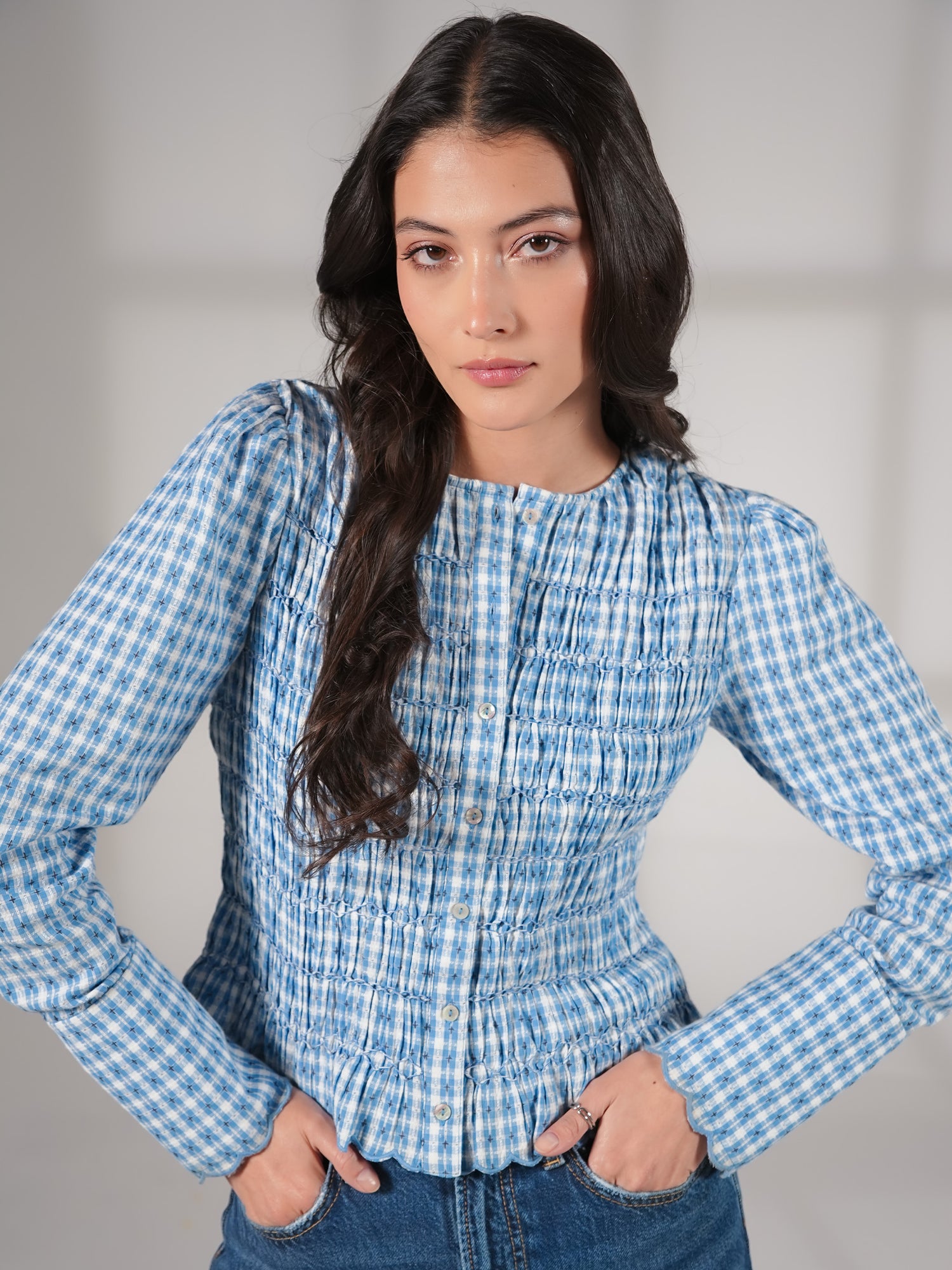 Mary Blue Gingham Check Smocked Blouse