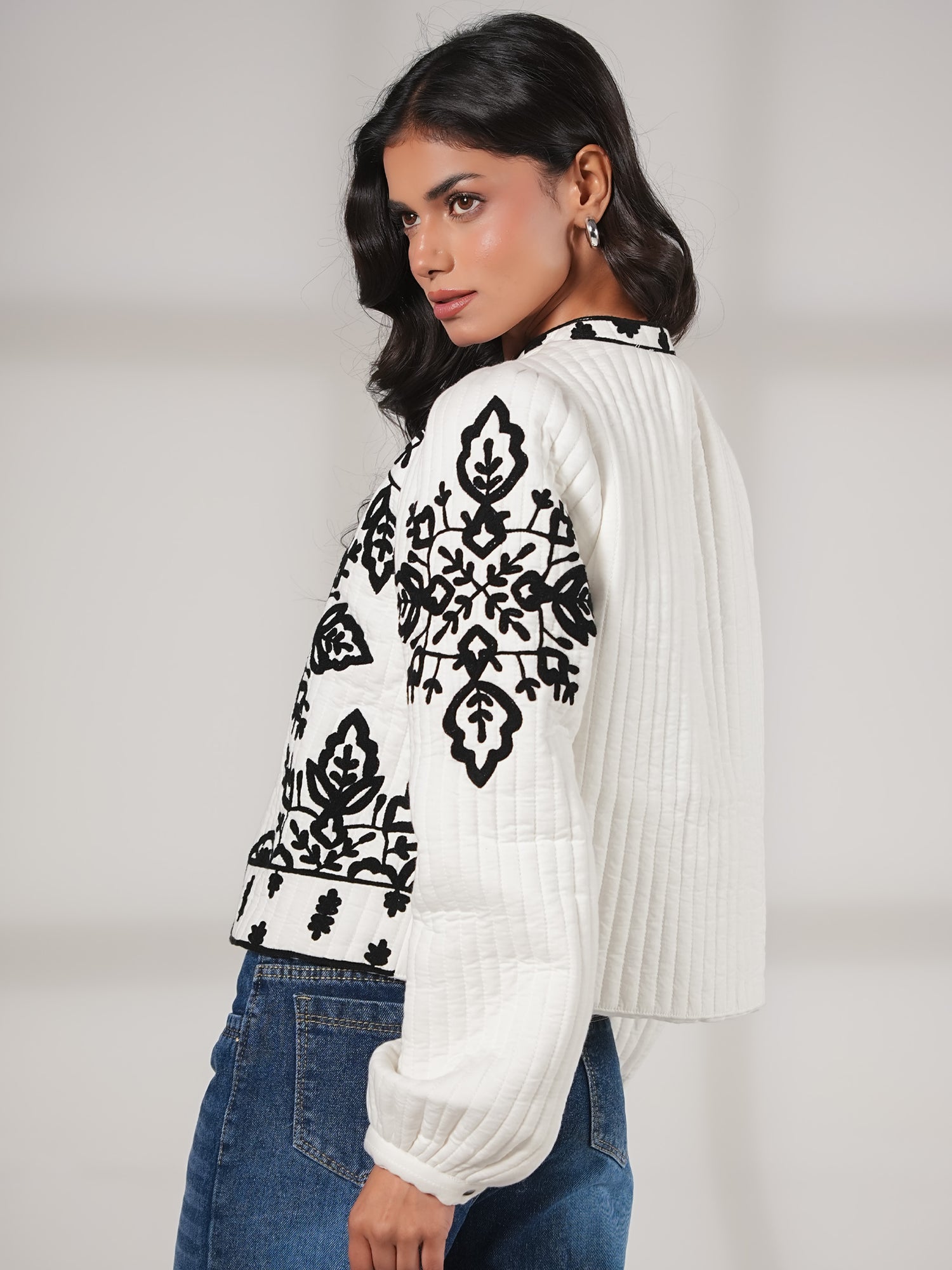 Lori Black And White Padded Embroidered Jacket