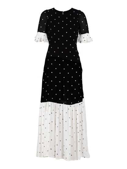 Saphi Black and White Pindot Spot Midi Dress