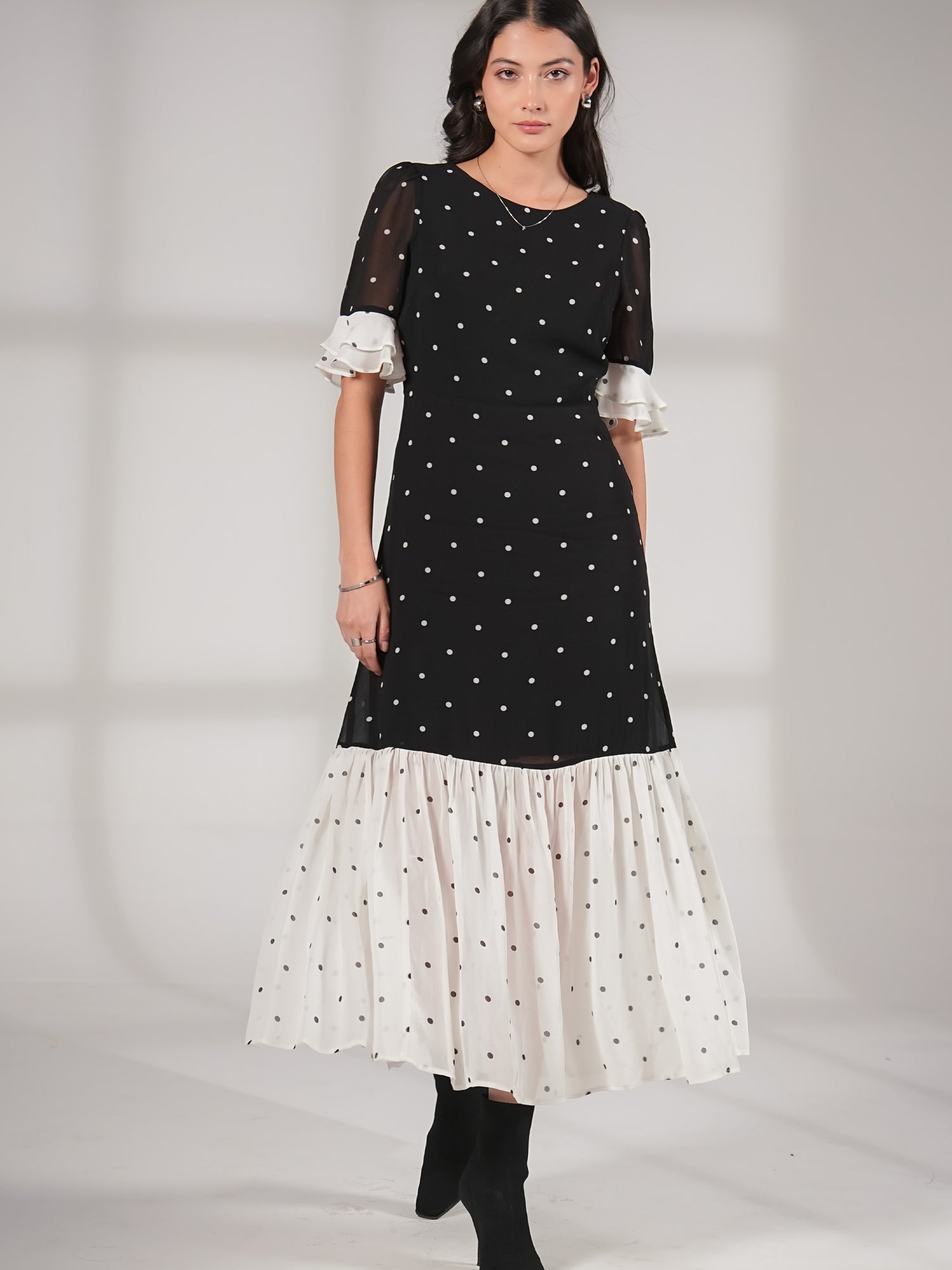 Saphi Black and White Pindot Spot Midi Dress