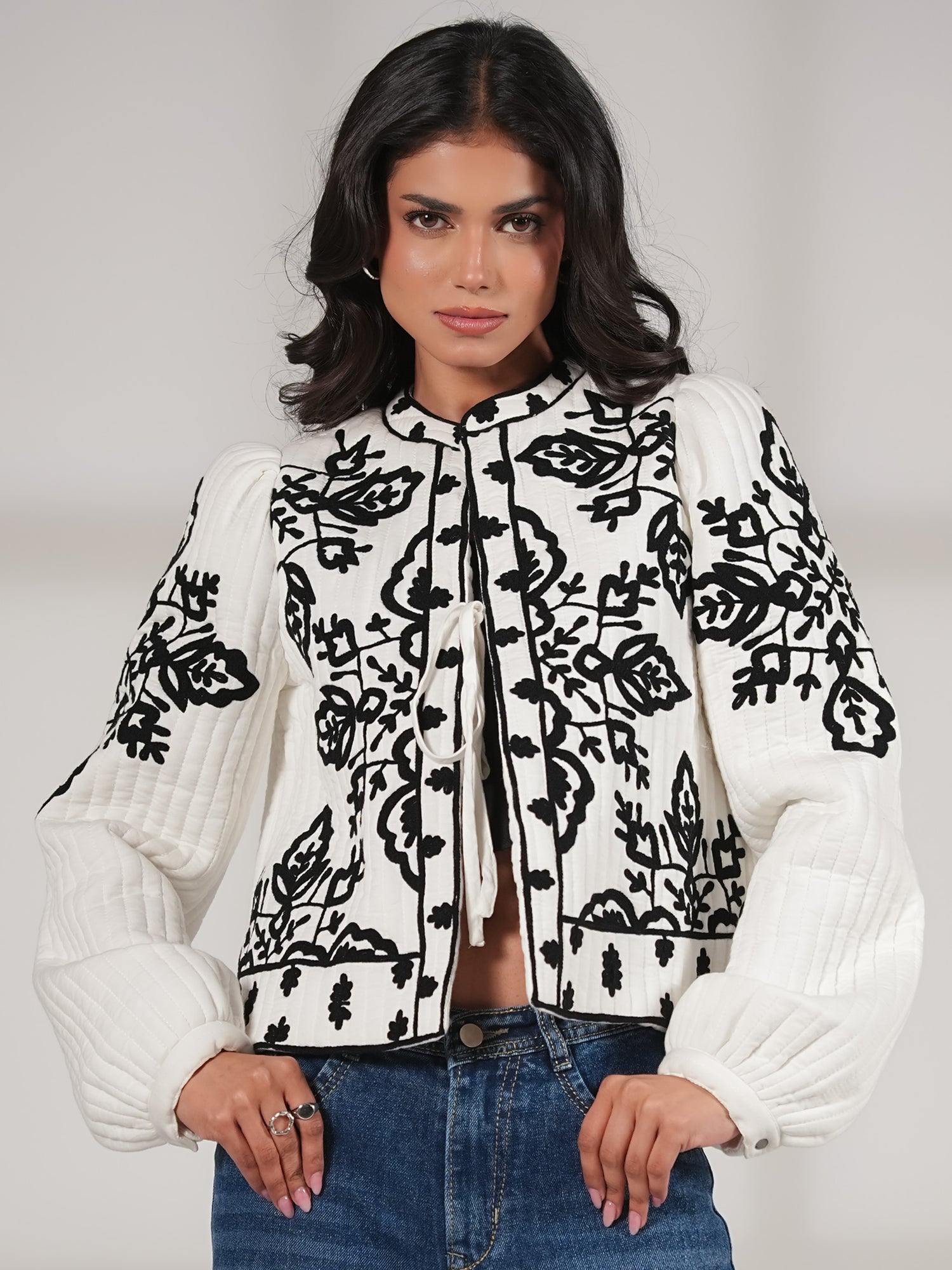 Lori Black And White Padded Embroidered Jacket
