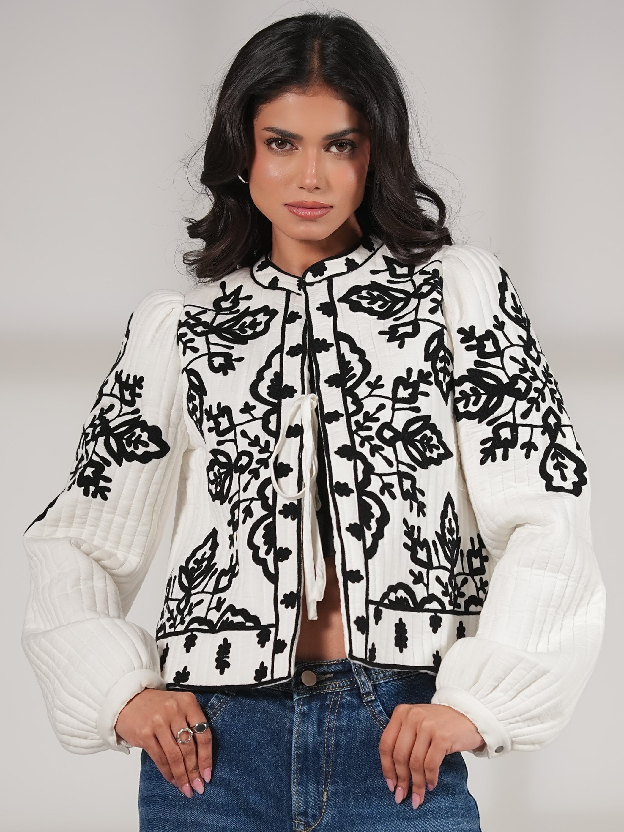 Lori Black And White Padded Embroidered Jacket