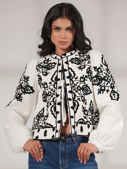 Lori Black And White Padded Embroidered Jacket