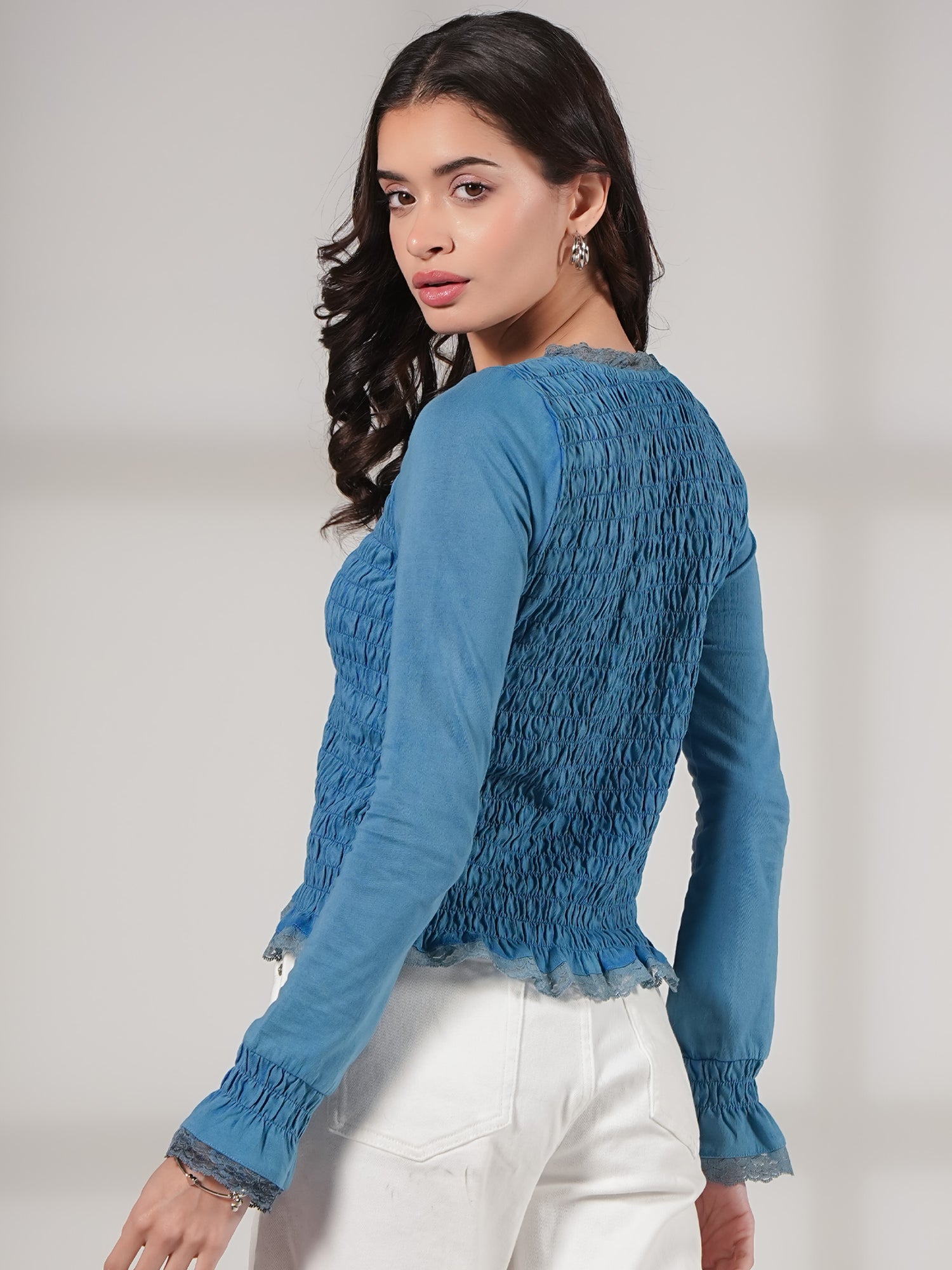 Gia Blue Washed Jersey Smocked Top