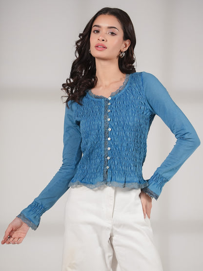 Gia Blue Washed Jersey Smocked Top