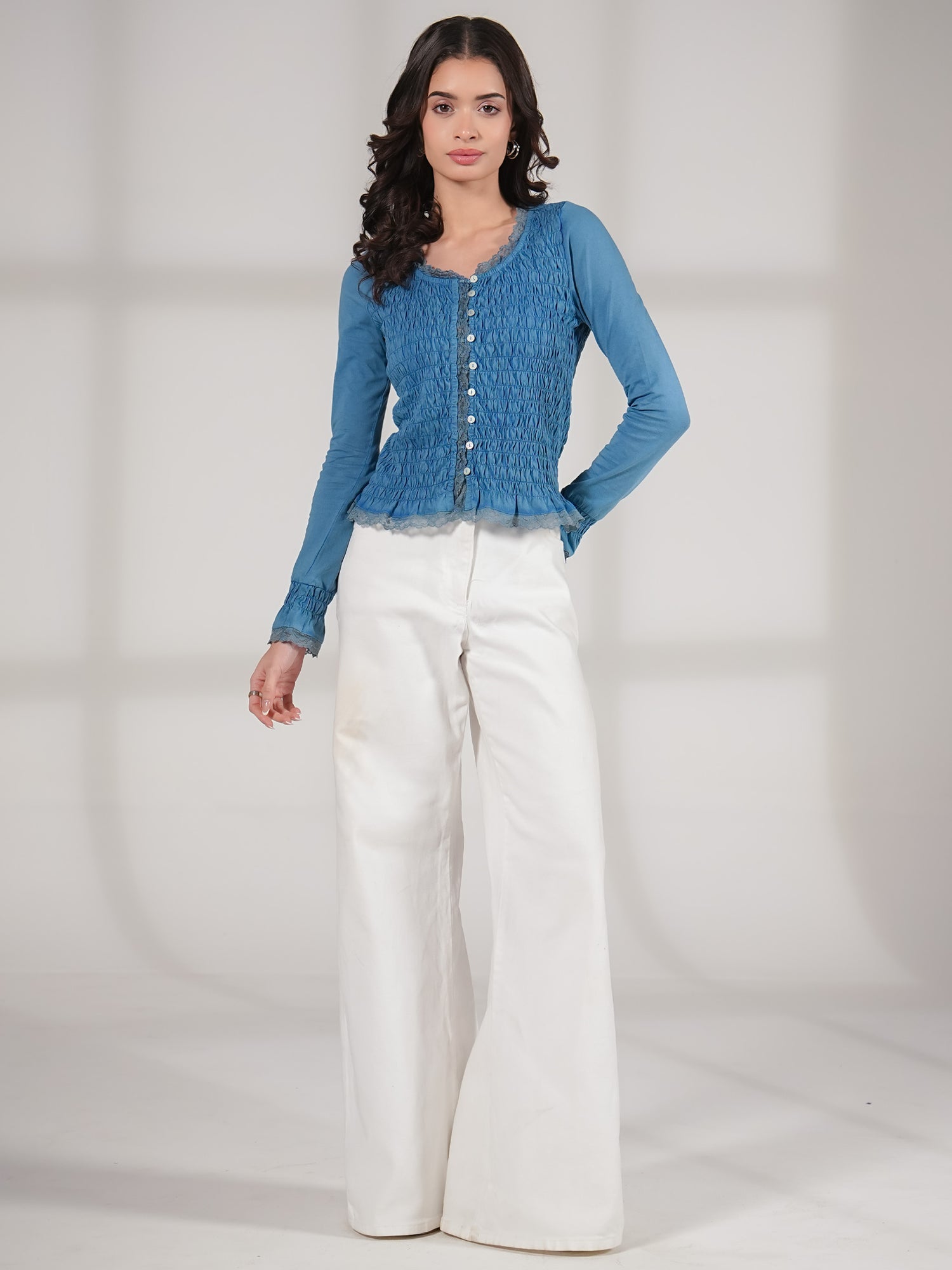 Gia Blue Washed Jersey Smocked Top