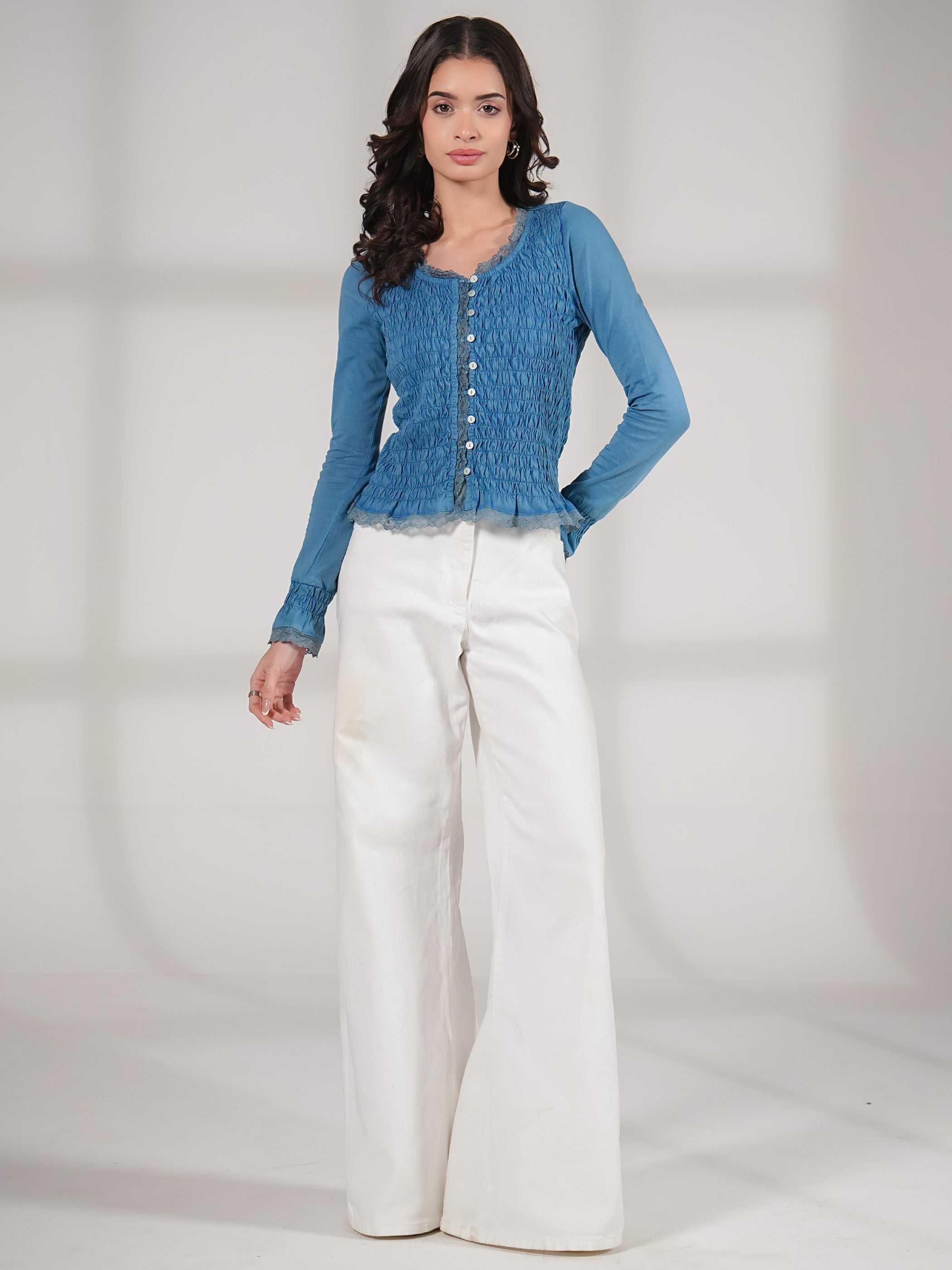 Gia Blue Washed Jersey Smocked Top