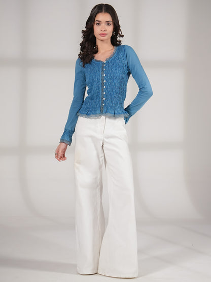 Gia Blue Washed Jersey Smocked Top