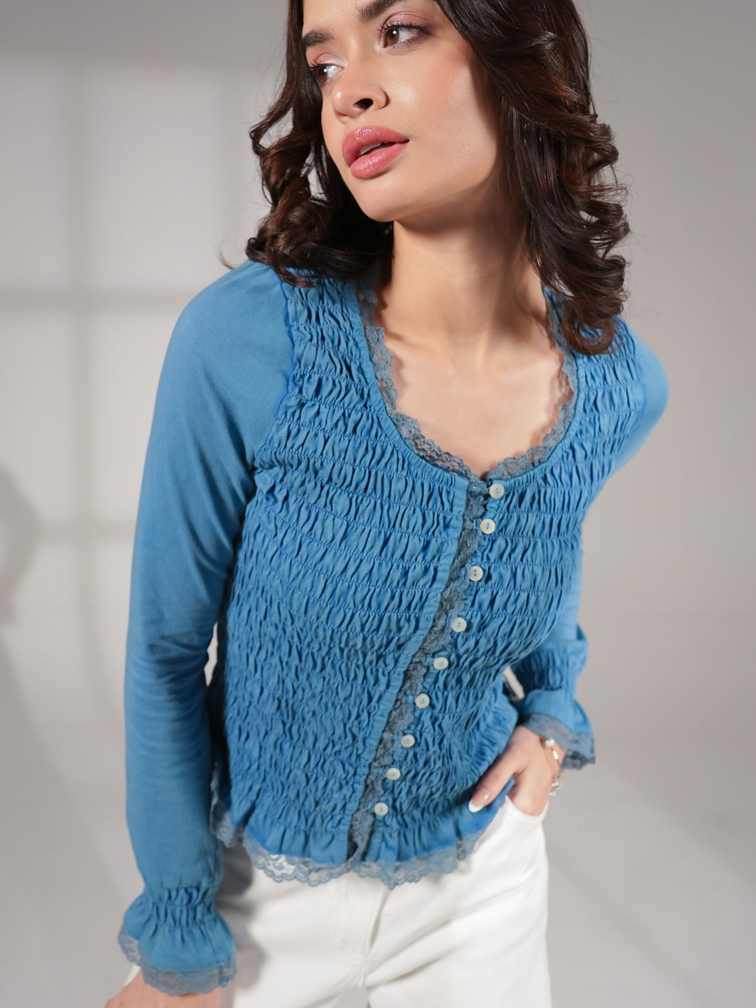 Gia Blue Washed Jersey Smocked Top
