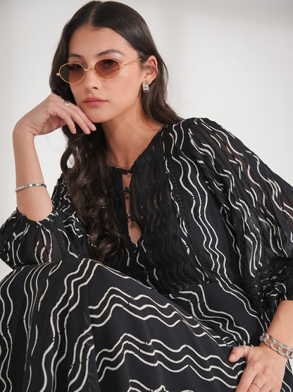 Corinne Black and White Waves Print Lace Trim Maxi Dress