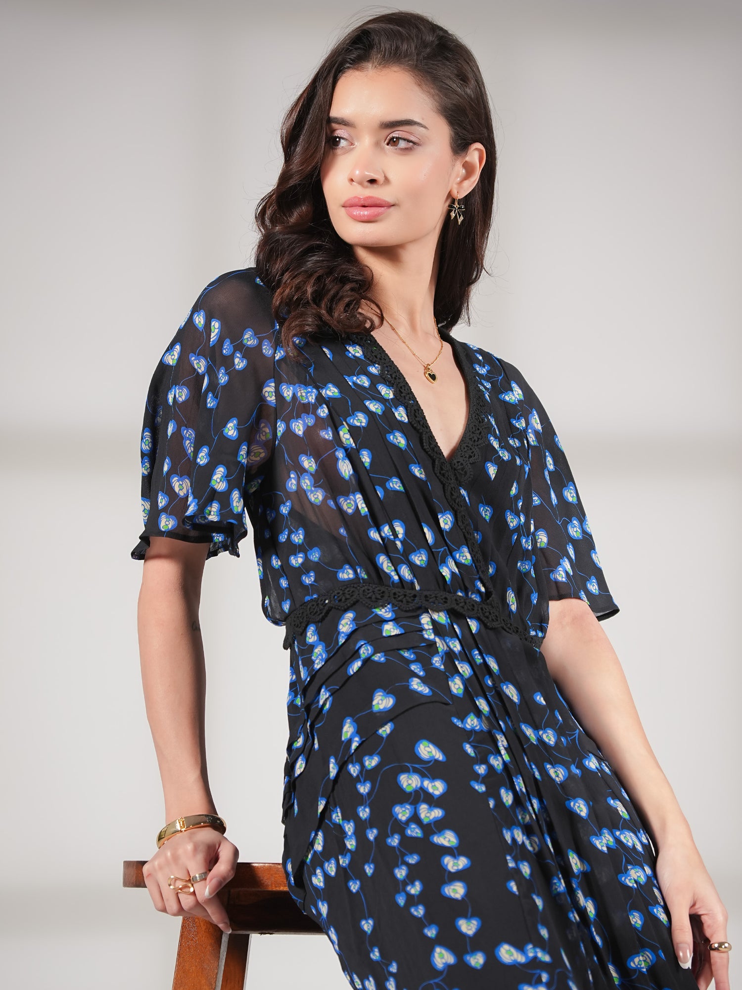 Pippa Black Blue Floral Lace trim Maxi Dress M Pippa Black Blue Floral Lace trim Maxi Dress M