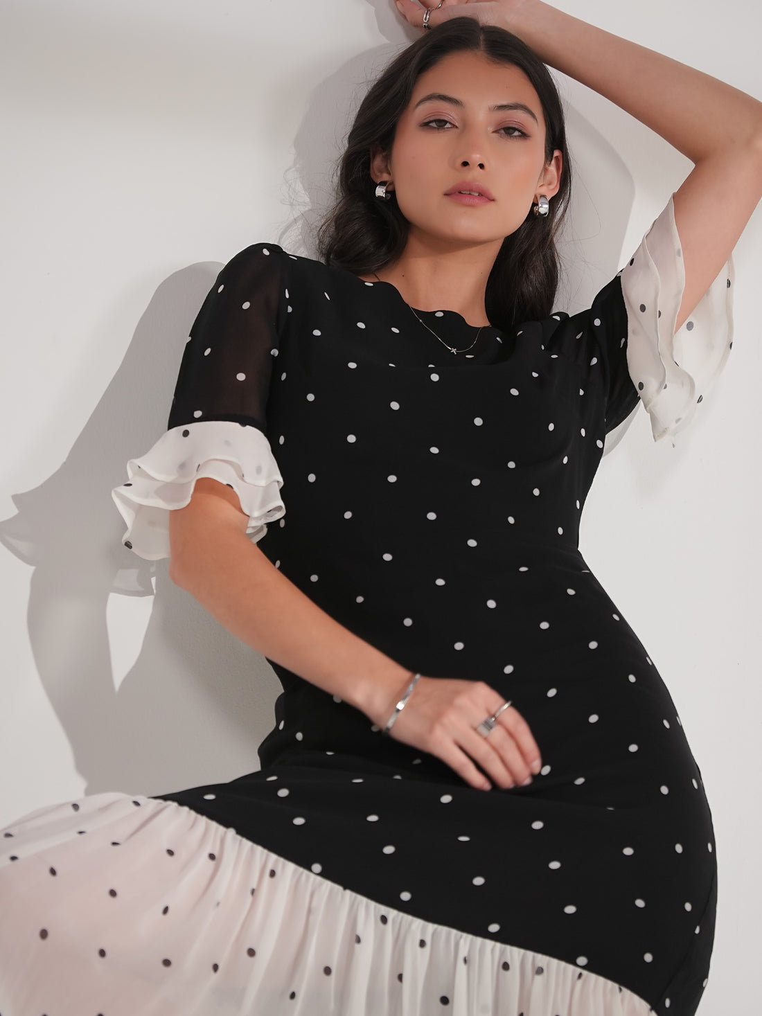 Saphi Black and White Pindot Spot Midi Dress