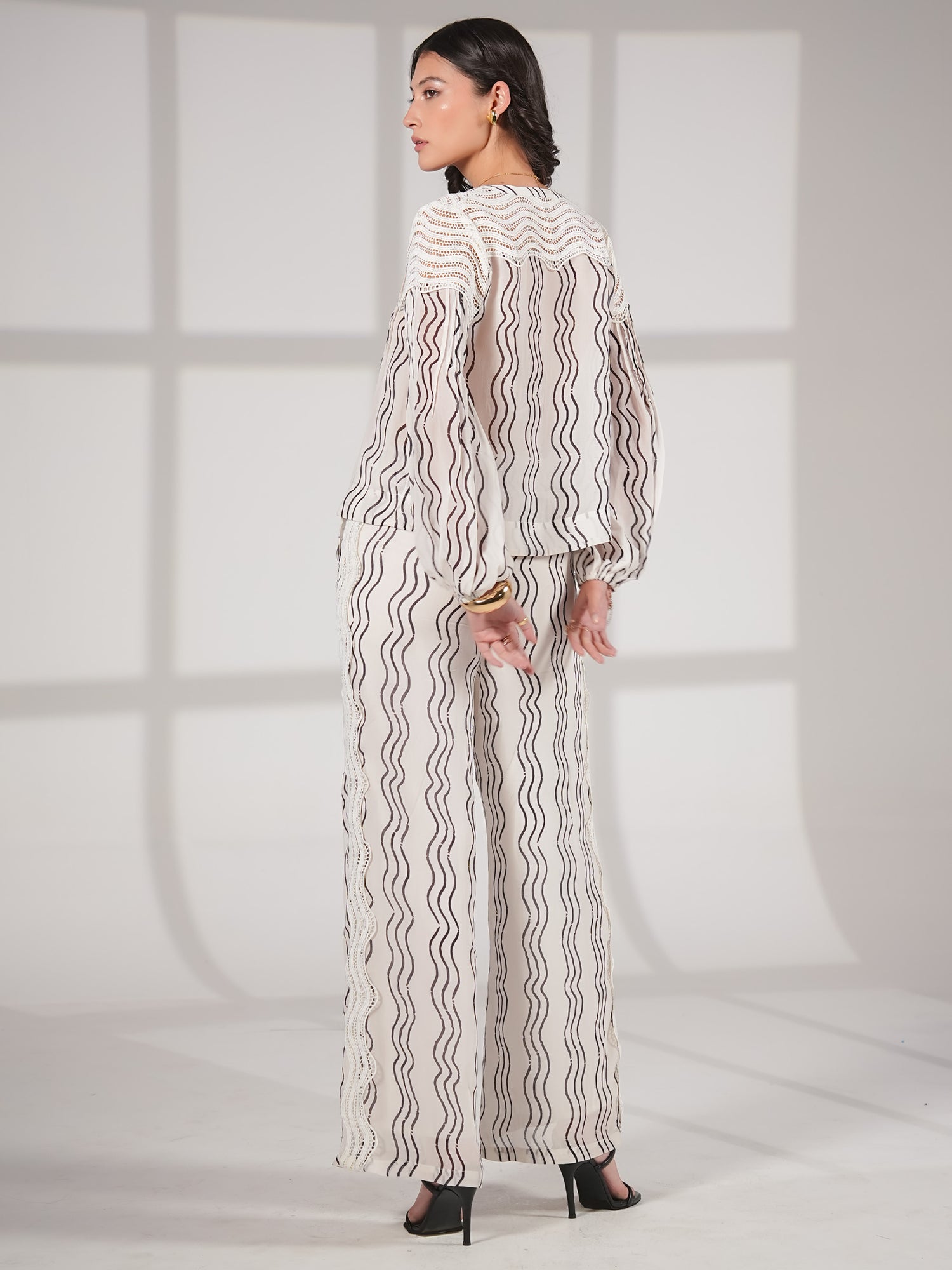 Corinne Cream Waves Print Lace Trim Wide Leg Trousers