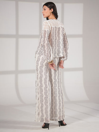 Corinne Cream Waves Print Lace Trim Wide Leg Trousers