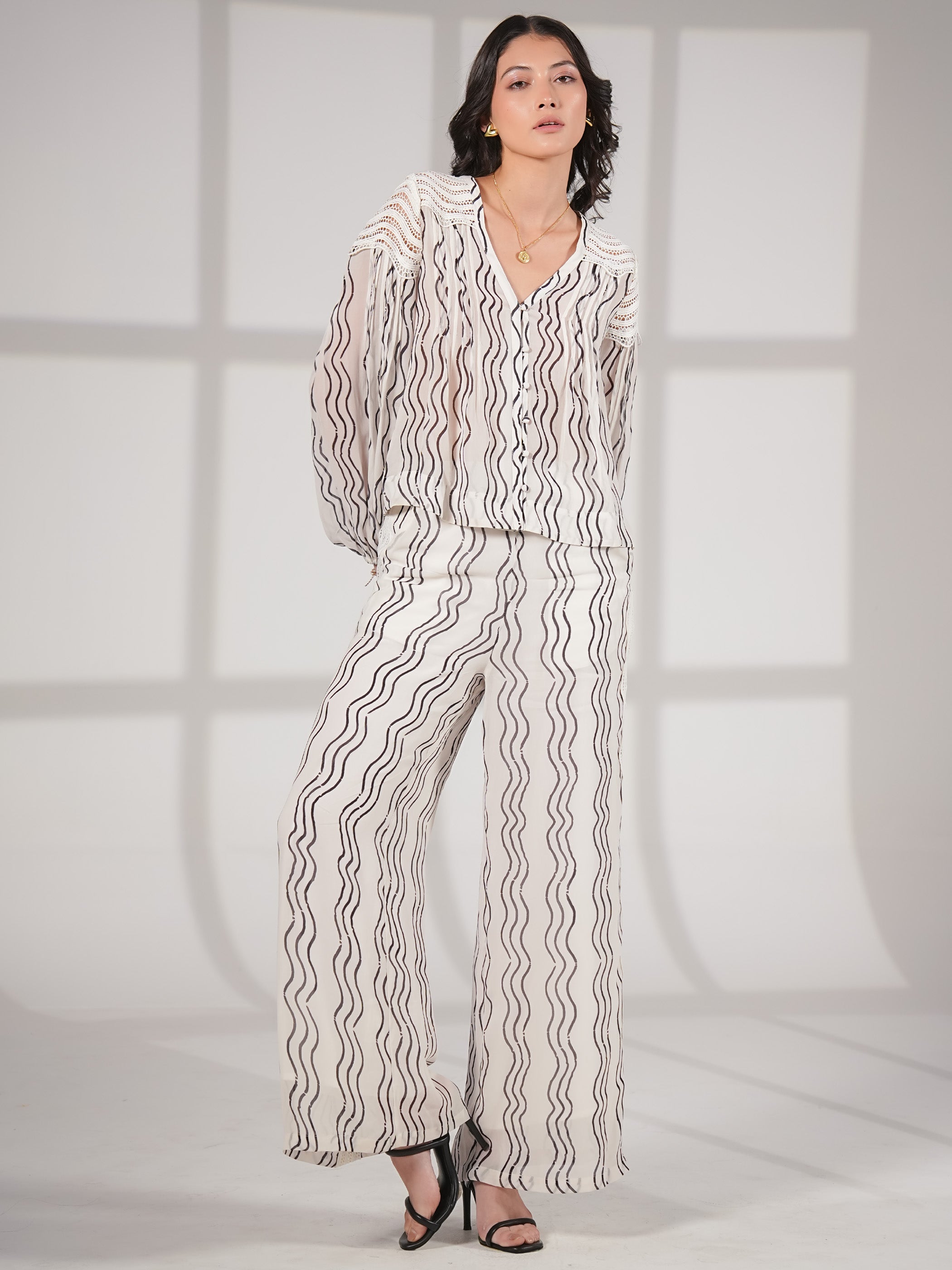 Corinne Cream Waves Print Lace Trim Wide Leg Trousers