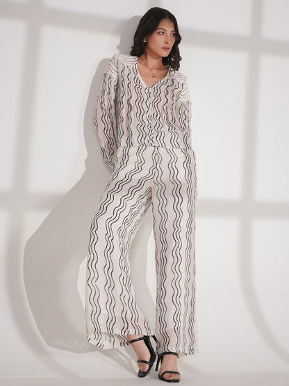 Corinne Cream Waves Print Lace Trim Wide Leg Trousers